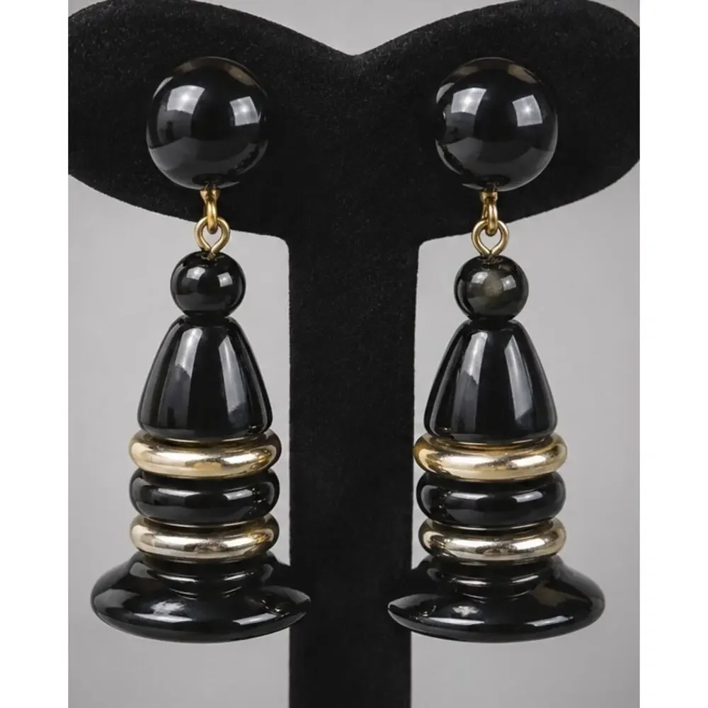 Vintage Black & Silver Mid-century Long Dangle Screw Back Earrings Lucite sb-32